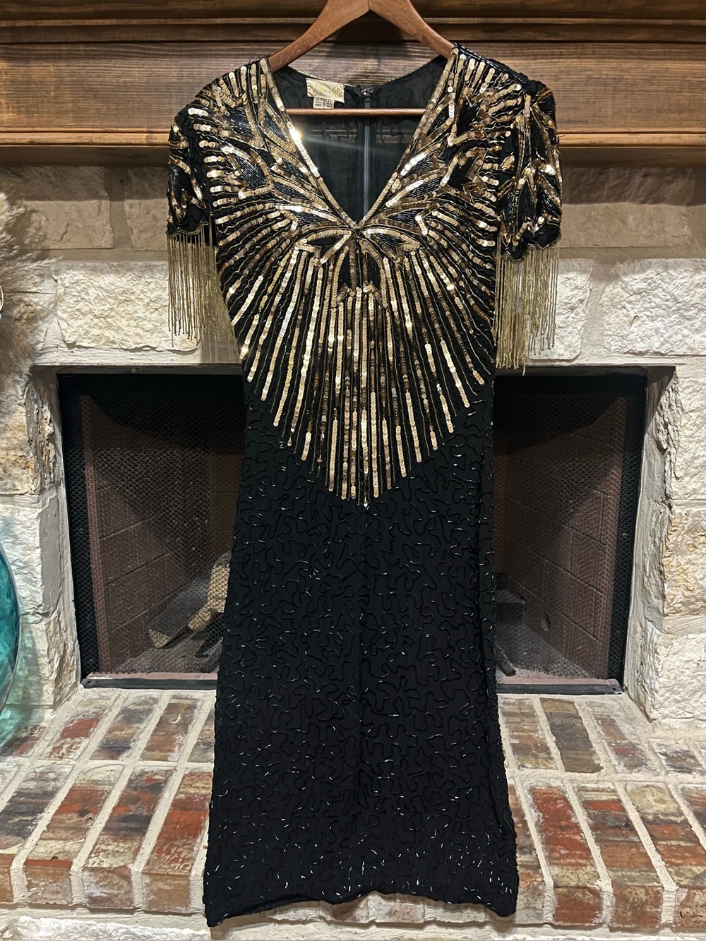 Vintage 80s Silk Beaded Cocktail Dress Gold Sequin Sunburst Fringe Black M